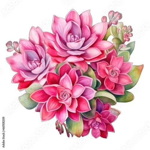 Pink succulents  isolated on transparent white background. Watercolor illustration