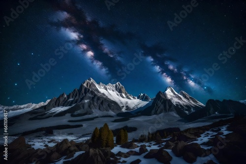  A mountain peak at night with a starry sky, surreal, cosmic