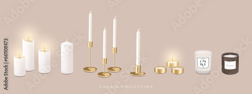 Burning trendy candles set. Different shape, size. Paraffin aromatic candle. Jar, Container, Aroma therapy, Relax, Spa. Isolated background. Hand drawn style. Flat design element vector illustration.
