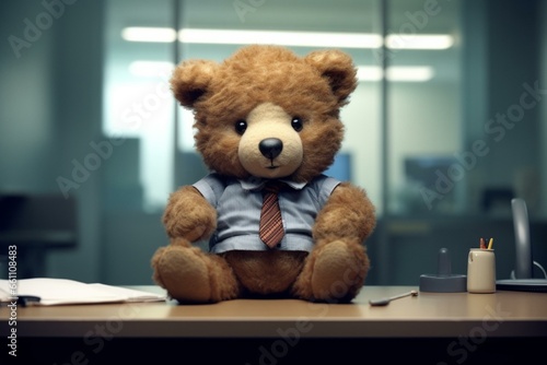 An illustration of a cute teddy bear sitting in an office. Generative AI