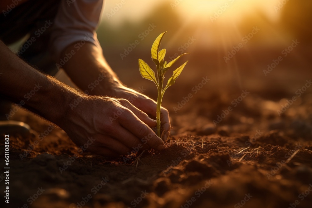 Fototapeta premium New life begins with human hand planting seed generated by AI