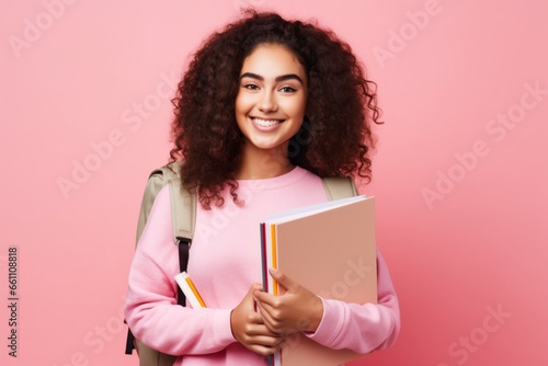 Front view young female student with copybook in her hands