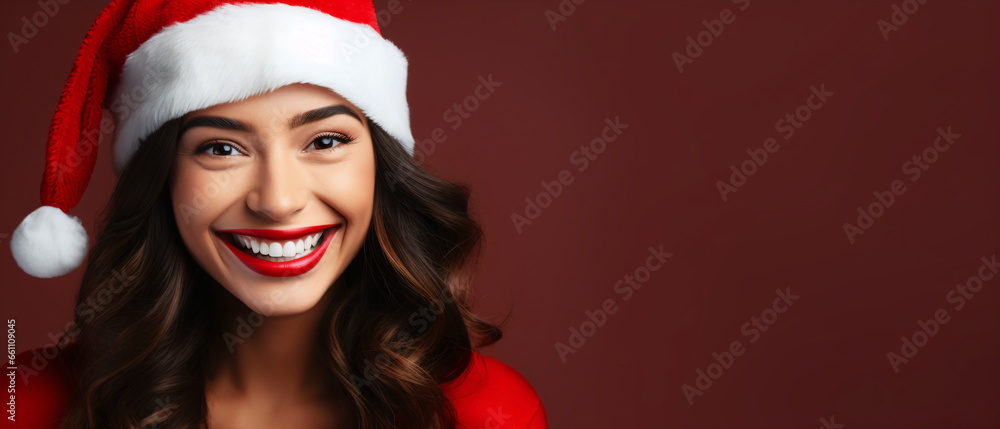 Portrait of a beautiful festive woman model wearing a father christmas red santa hat. Christmas portrait of happy woman Santa having fun studio wall background. Generative ai Portrait of a beautiful festive woman model wearing a father christmas red santa hat. Christmas portrait of happy woman Santa having fun studio wall background. Generative ai