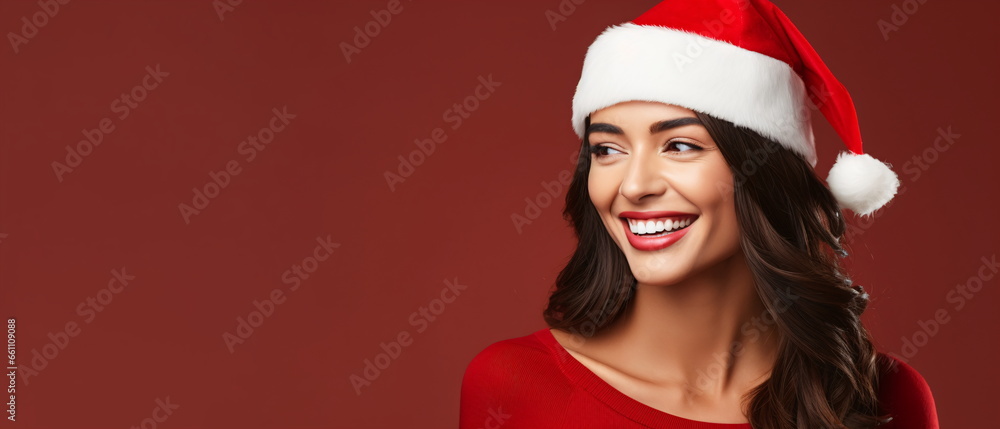 Portrait of a beautiful festive woman model wearing a father christmas red santa hat. Christmas portrait of happy woman Santa having fun studio wall background. Generative ai Portrait of a beautiful festive woman model wearing a father christmas red santa hat. Christmas portrait of happy woman Santa having fun studio wall background. Generative ai