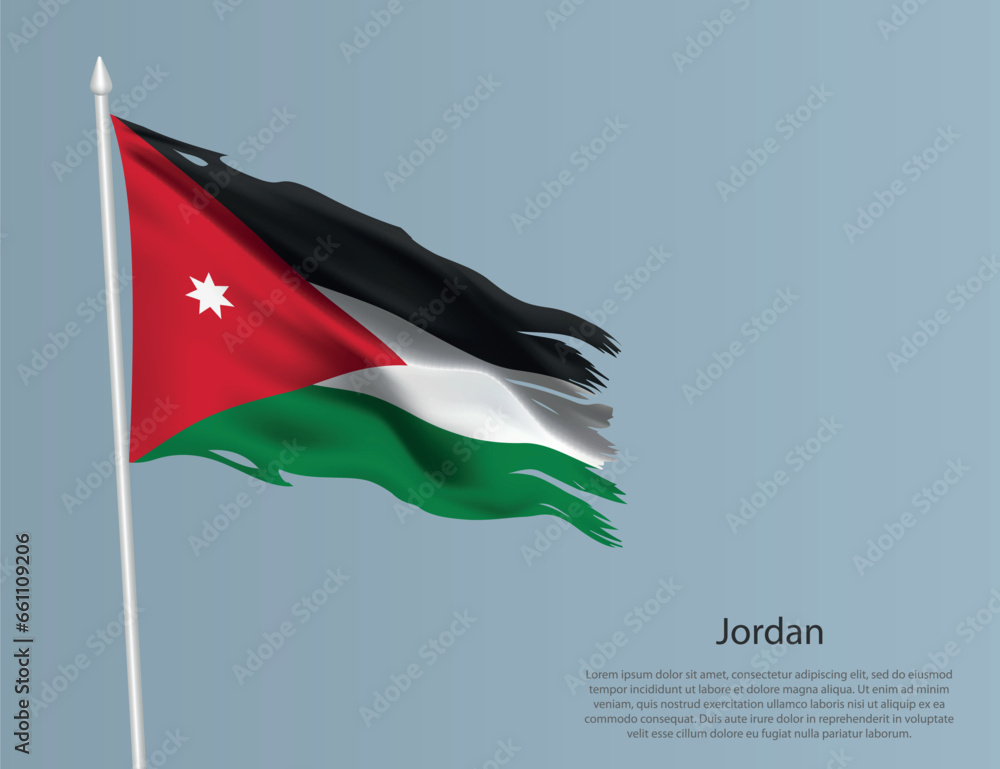 Ragged national flag of Jordan. Wavy torn fabric on blue background Ragged national flag of Jordan. Wavy torn fabric on blue background