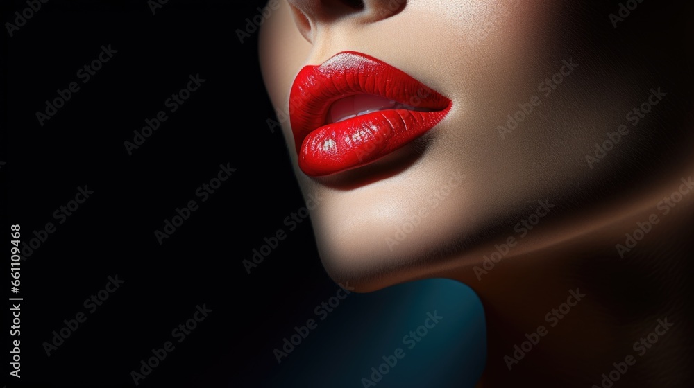 Obraz premium Close-up portrait of a woman with red lipstick on her lips. Women's beauty, cosmetics.