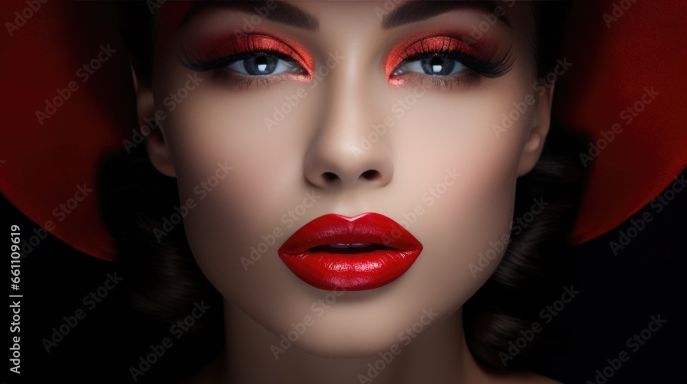 custom made wallpaper toronto digitalClose-up portrait of a woman with red lipstick on her lips. Women's beauty, cosmetics.