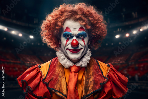 Portrait of a leading clown in the circus arena. Face portrait of a clown with a red nose and sparkling eyes of charming comedy expression. photo
