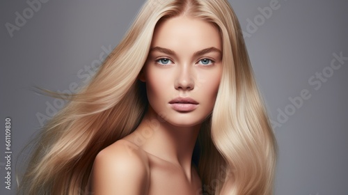 Beautiful blonde woman with long, healthy , straight and shiny hair. Hairstyle loose hair 