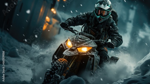 Man riding a motorbike in the snow.