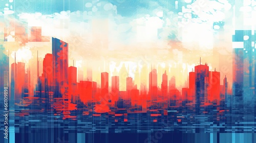 Generative AI, Poster with cityscape in risograph and glitch style, vivid colors