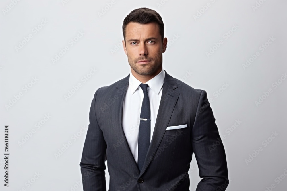 A business man stands against white background with his arms crossed. A business man stands against white background with his arms crossed.