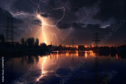 Electric discharge in the atmosphere over the river. Generative AI