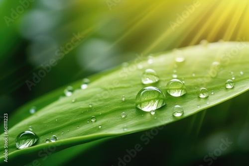 Beautiful drops of rain water on a green leaf macro., Generative AI
