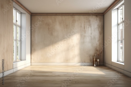 Neutral room with empty wall  3D rendering. Generative AI