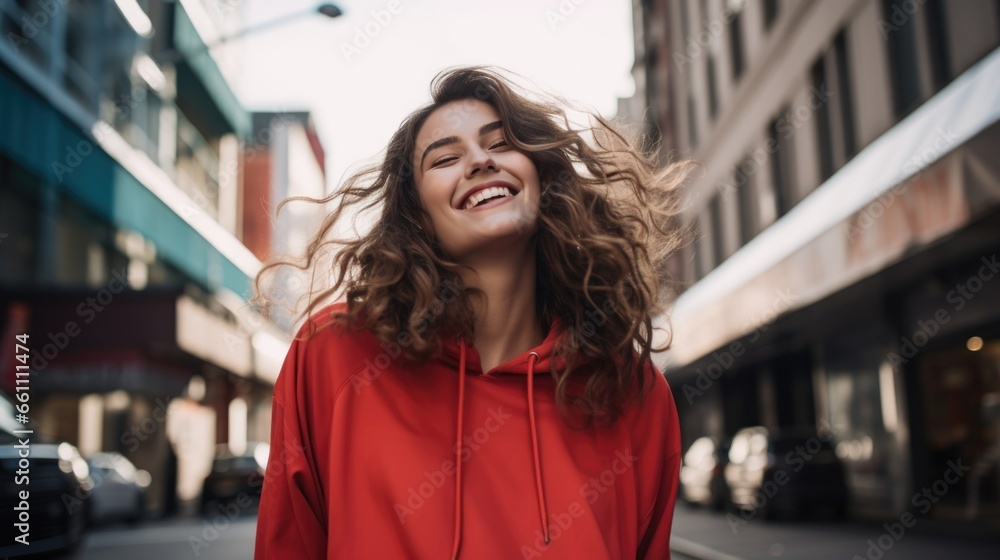 A young attractive woman demonstrates fashionable clothes on a city street. Dynamic pose. Fashion, female beauty. A young attractive woman demonstrates fashionable clothes on a city street. Dynamic pose. Fashion, female beauty.