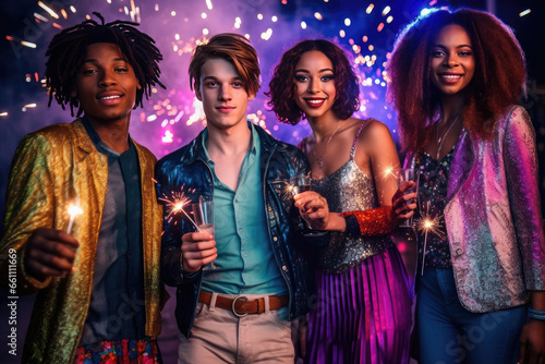 Multiethnic young LGBTQ people in colorful fashion, holding champagne bottles with sparklers, celebrating New Year in disco event.