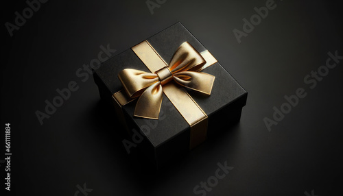Black gift box with golden bow set against black background. Black Friday sale banner. 	