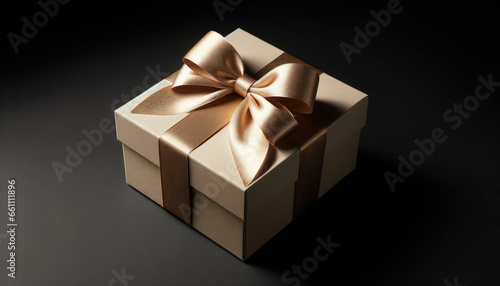 Beige gift box with golden bow set against black background. Black Friday sale banner. 