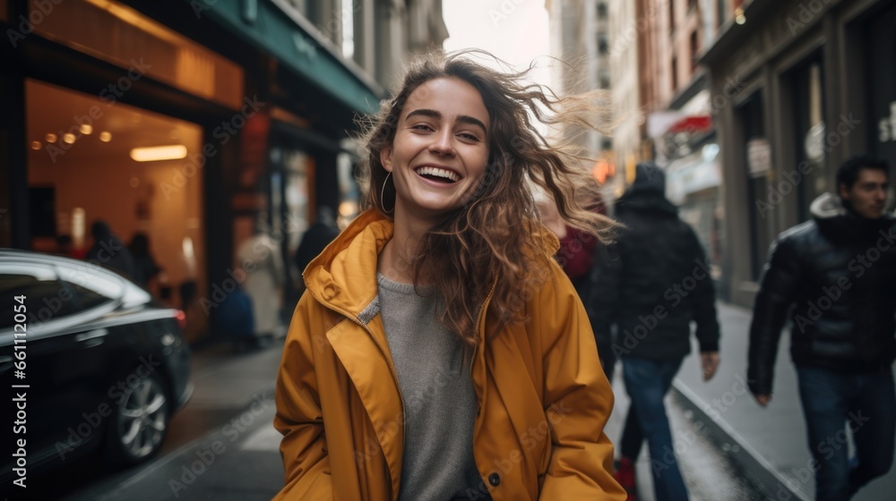 A young attractive woman demonstrates fashionable clothes on a city street. Dynamic pose. Fashion, female beauty.