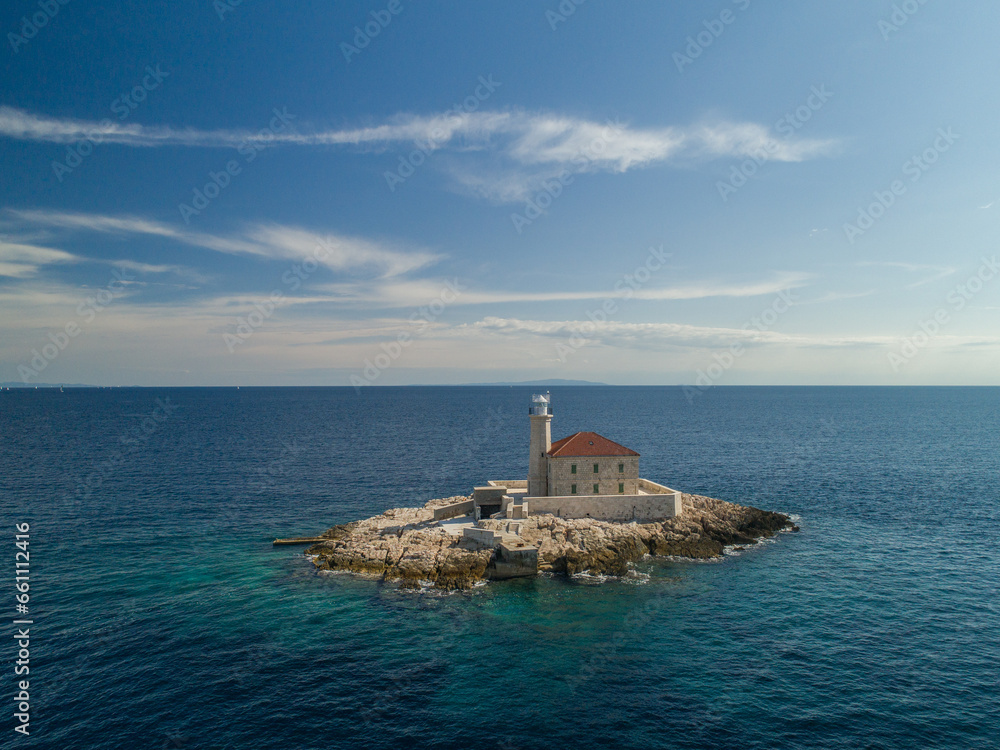 Fototapeta premium Croatia - Amazing aerial view of the lighthouse Mulo near Rogoznica