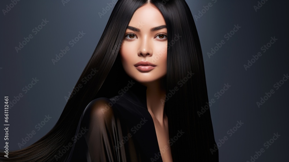 Fototapeta premium Beautiful woman with long straight black shiny hair. Women's beauty, hair care.