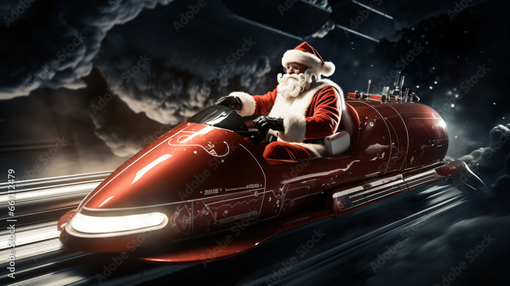 Fototapeta premium Santa Claus driving a futuristic vehicle at high speed in a storm and snow environment. Futuristic Christmas concept