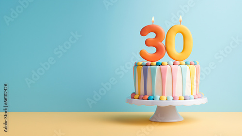 30th year birthday cake on isolated colorful pastel background photo