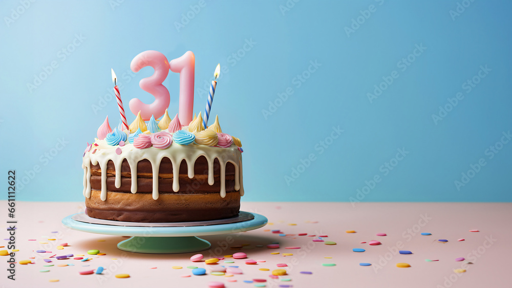 31st year birthday cake on isolated colorful pastel background - obrazy, fototapety, plakaty 