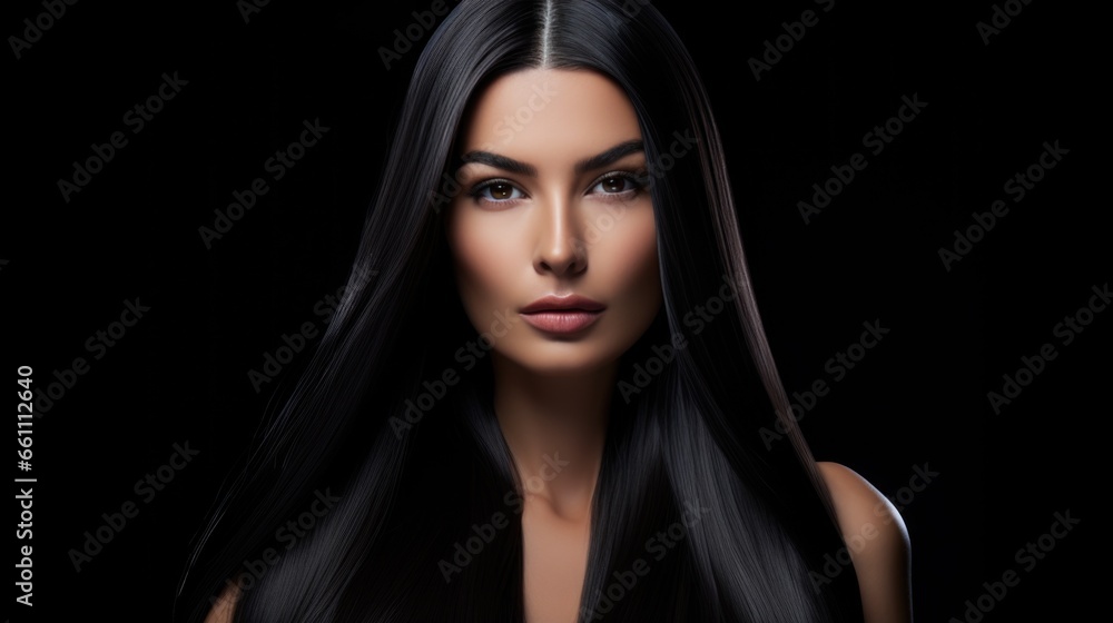 Fototapeta premium Beautiful woman with long straight black shiny hair. Women's beauty, hair care.
