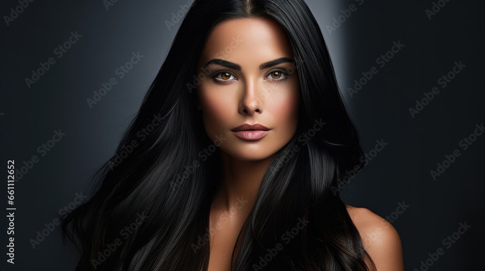 Fototapeta premium Beautiful woman with long straight black shiny hair. Women's beauty, hair care.