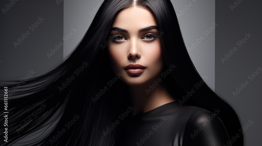 Fototapeta premium Beautiful woman with long straight black shiny hair. Women's beauty, hair care.