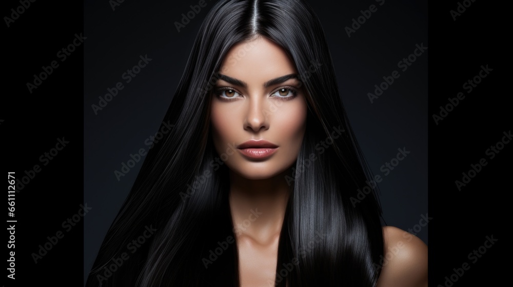 Fototapeta premium Beautiful woman with long straight black shiny hair. Women's beauty, hair care.