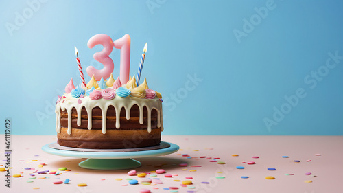 31st year birthday cake on isolated colorful pastel background