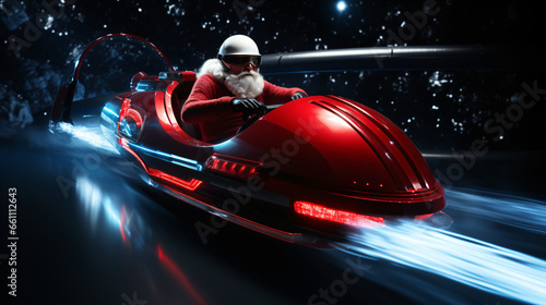 Santa Claus driving a futuristic vehicle at high speed in a storm and snow environment. Futuristic Christmas concept