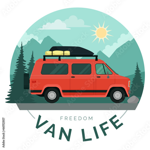 Van life: van and mountain landscape background
