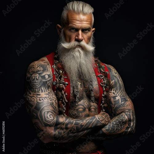 Heavily tattooed Santa Claus, cool, gloomy, portrait. portrait. photo