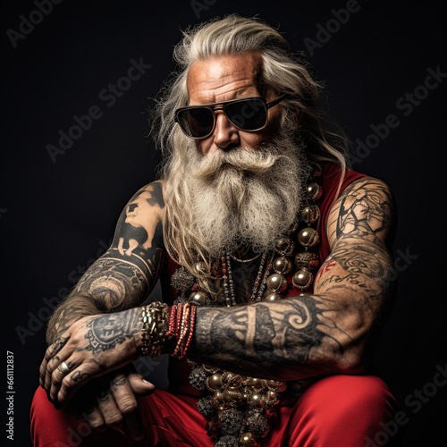 Heavily tattooed Santa Claus, cool, gloomy, portrait. portrait.