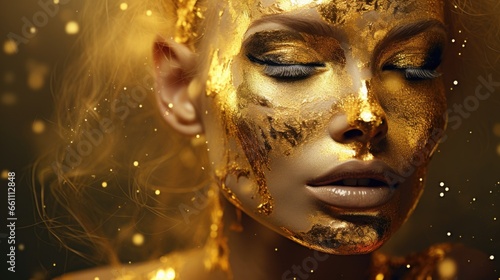 Fashion art Golden skin Woman face portrait closeup. Gold jewellery  jewelry  accessories.