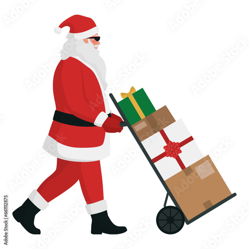 Santa Claus pushing a loaded hand truck