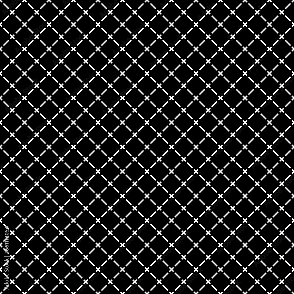 Seamless surface pattern with symmetric geometric ornament. White diagonal stripes abstract on black background. Grill motif. Crossing lines wallpaper. Digital paper for page fill. Vector illustration Seamless surface pattern with symmetric geometric ornament. White diagonal stripes abstract on black background. Grill motif. Crossing lines wallpaper. Digital paper for page fill. Vector illustration