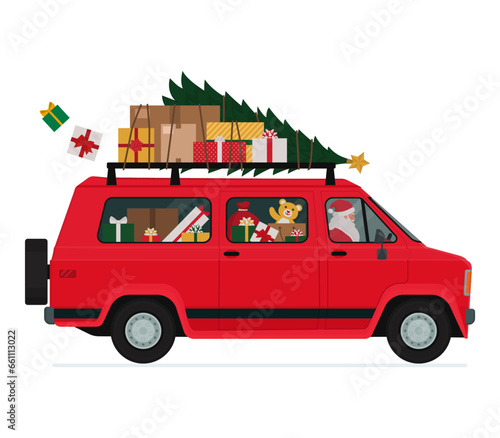 Van full of Christmas gifts isolated