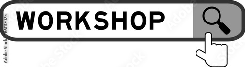 Search banner in word workshop with hand over magnifier icon on white background