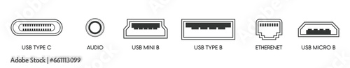 Creative vector illustration of usb computer universal connectors icon symbol isolated on transparent background. Mini, micro, lightning, type A, B, C plugs design. Abstract concept graphic element