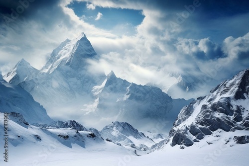 Stunning snowy scenery featuring mountains. Generative AI © Halcyon