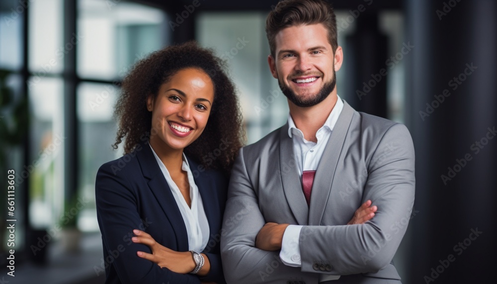 Smiling young colleagues standing with arms crossed Smiling young colleagues standing with arms crossed