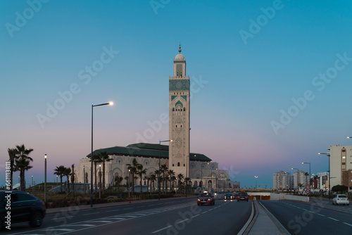 Casablanca, Morocco - 5 September 2023, view of Hassan II mosque from the street at sunset