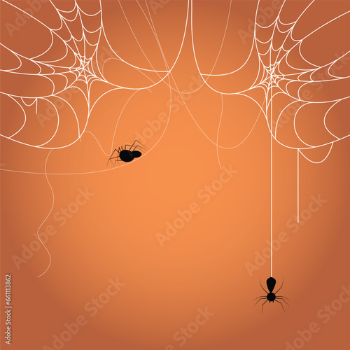 Spider and cobweb background. The scary of the halloween symbol Isolated on orange vector illustration.