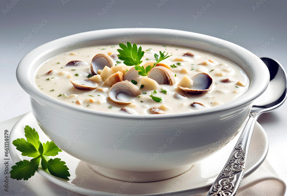 Delicious clam soup isolated on white background. Traditional American cuisine. Delicious clam soup isolated on white background. Traditional American cuisine.
