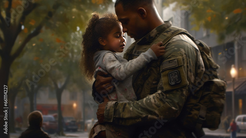 Father in full military uniform He was hugging his daughter to say goodbye to go on a mission